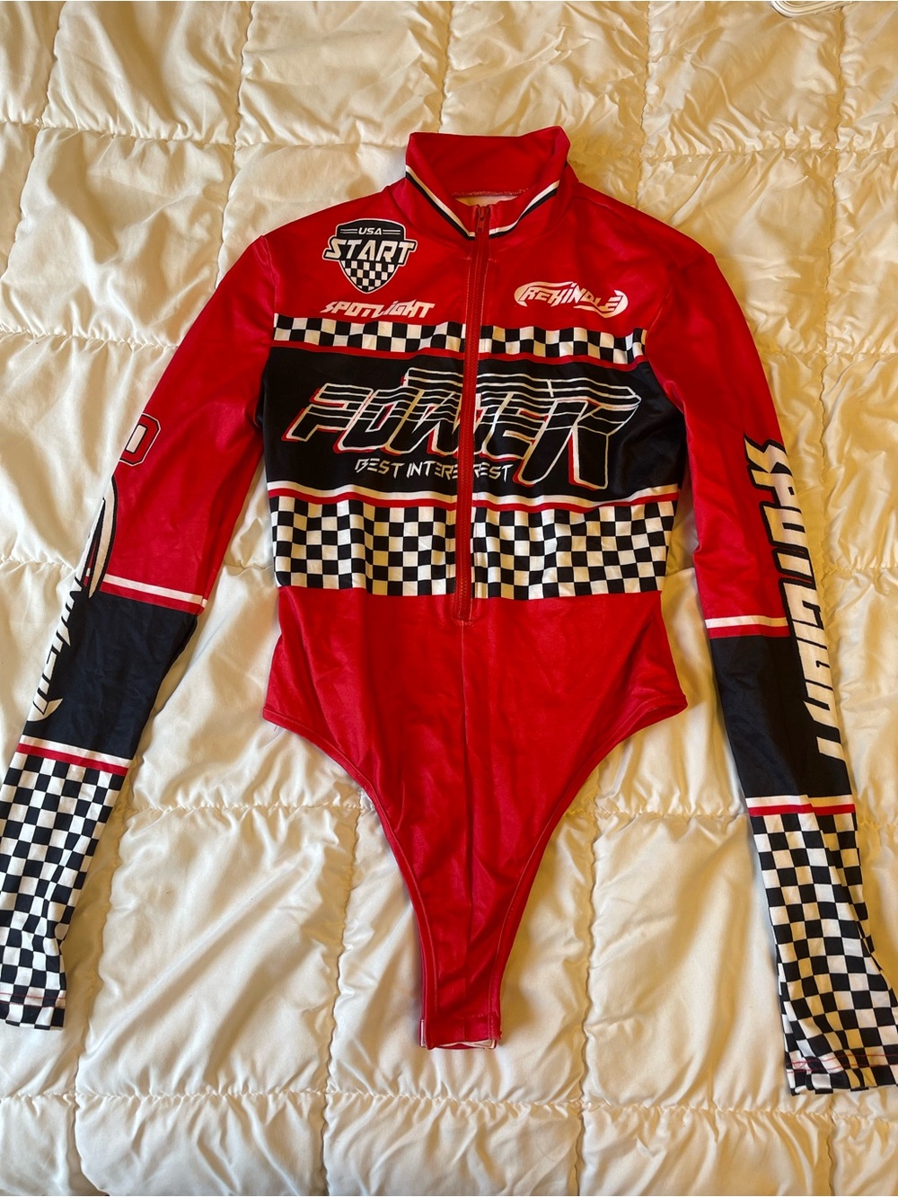 SHEIN Red and Black Racing Checkered Long Sleeve Bodysuit